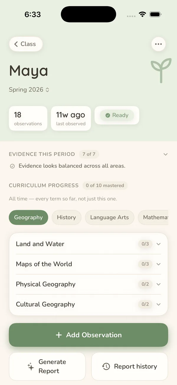 A child&rsquo;s page in MonteSprout showing 18 observations, a note that evidence looks balanced across all areas, and curriculum progress grouped by area.