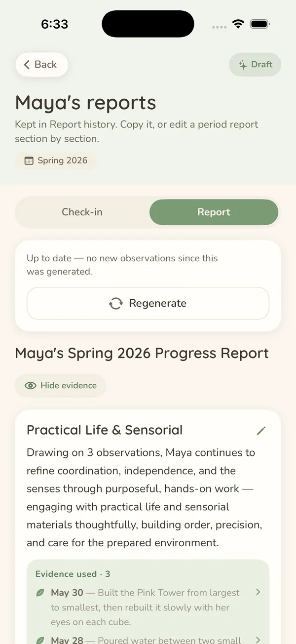 A generated progress report in MonteSprout. Under the written paragraph, an &ldquo;Evidence used&rdquo; panel lists the dated observations the paragraph draws on.